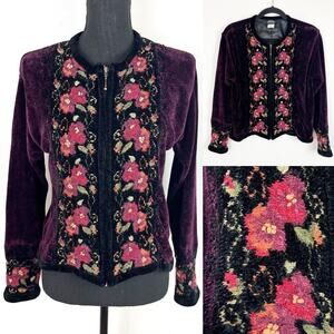 Vintage Icelandic Design Velour Cardigan Sweater Embroidered Floral Plum Medium